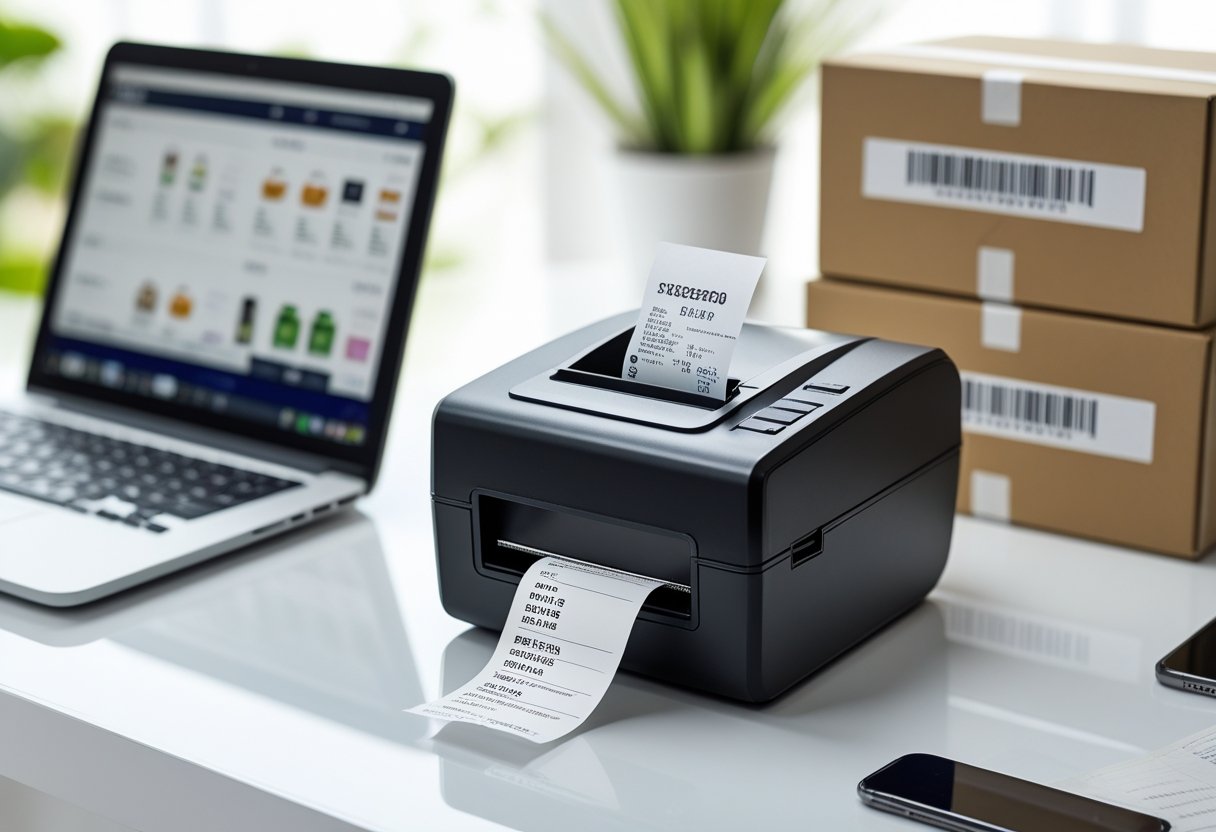 Impressora térmica preta em uma mesa organizada com laptop, smartphone e caixas de envio, representando o ambiente de trabalho de vendedores online.