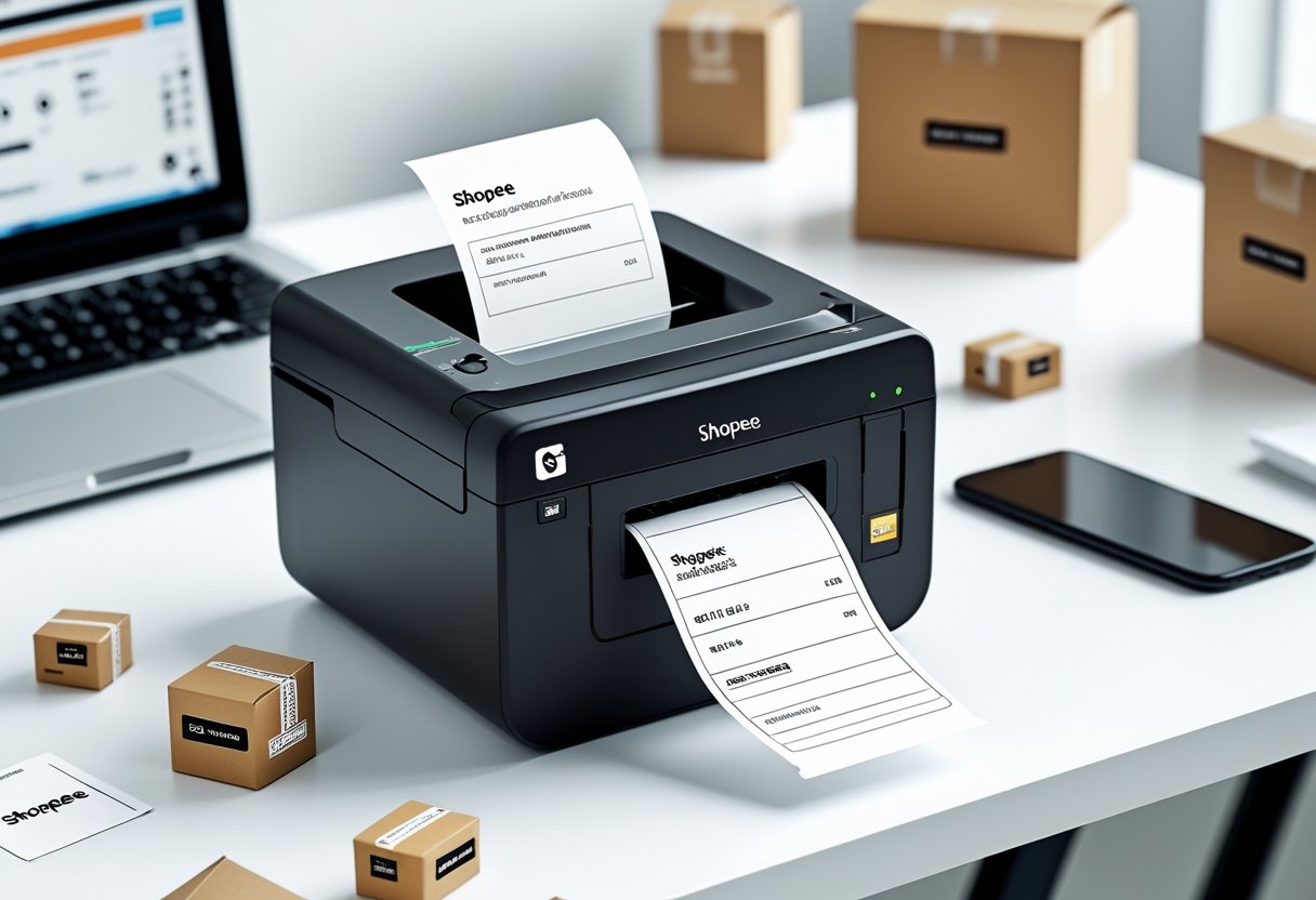 Impressora térmica moderna em uma mesa organizada, com caixas de embalagem e dispositivos eletrônicos ao redor, representando um ambiente de trabalho para vendedores online.