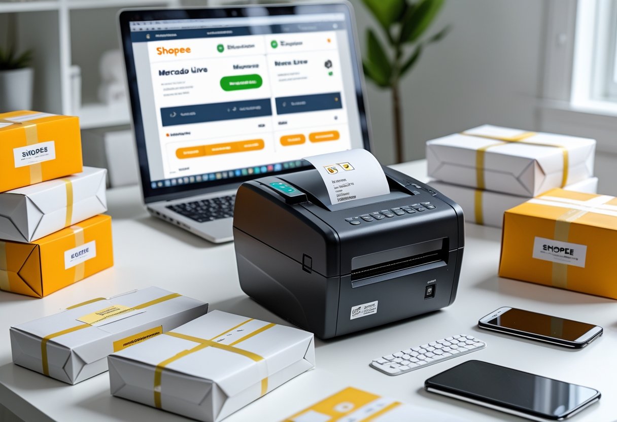 Impressora térmica em uma mesa organizada com pacotes, laptop e smartphone mostrando telas de vendas online.